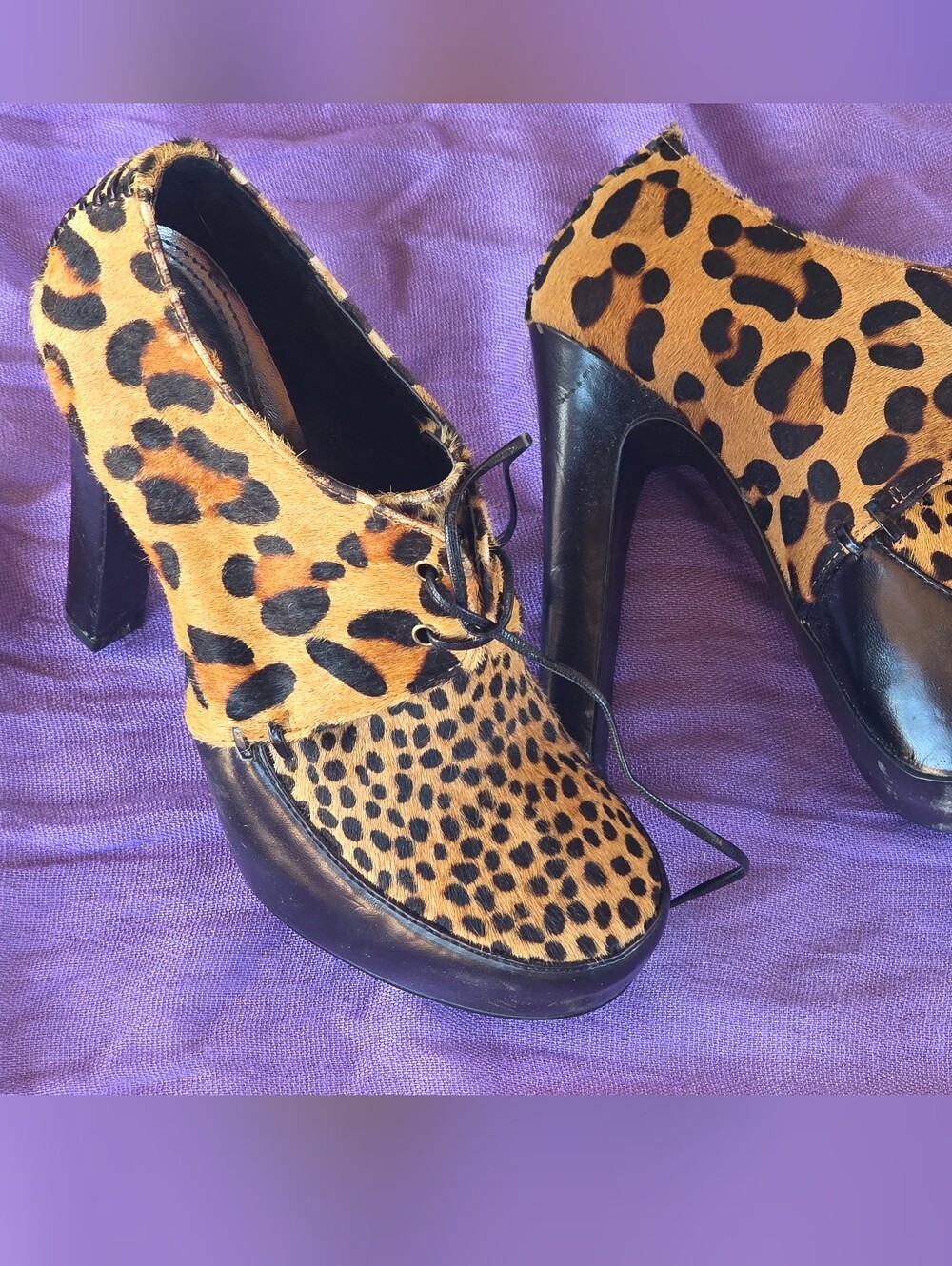 Carlos Falchi Lauren Leopard Haircalf Lace Up Platform Heels 5.5Absolutely str